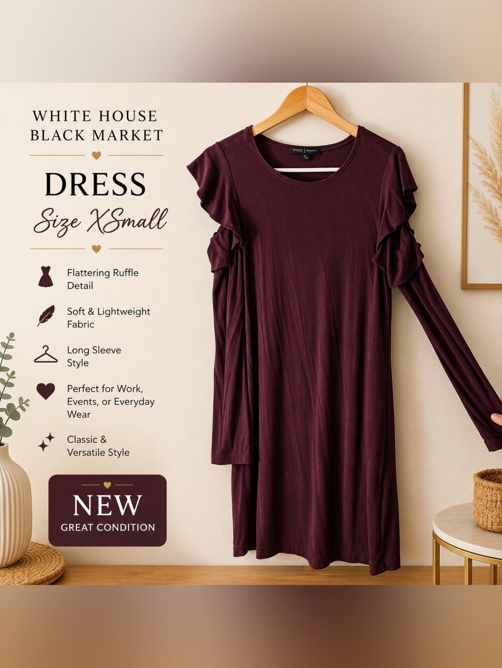 White House Black Market Women's Ruffle Long-Sleeve Dress - Burgundy